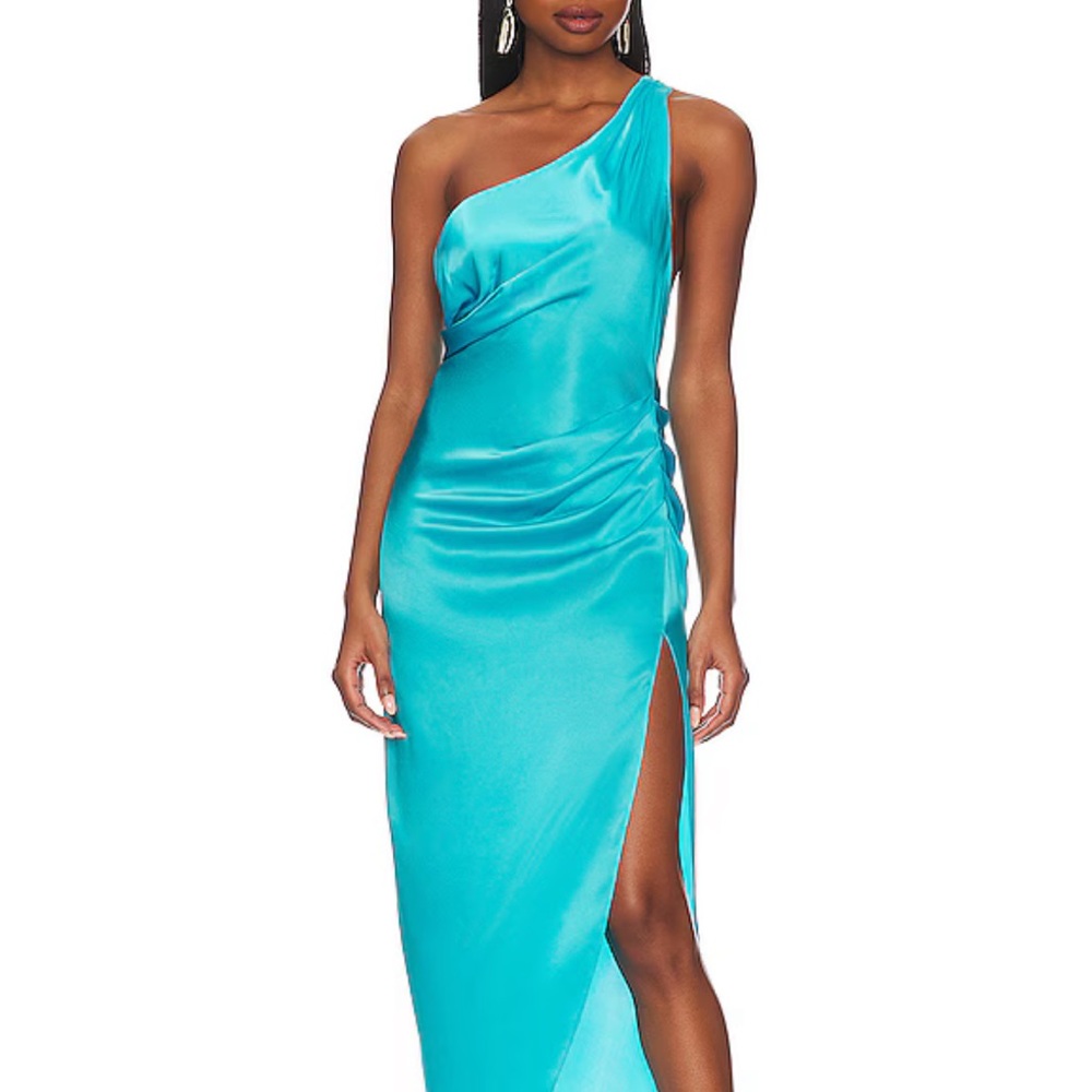 Amanda Uprichard Turquoise One-Shoulder Midi Dress